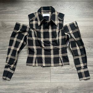 NEW Equipment Femme Black Tan Plaid Long Sleeve Cold Shoulder Button Up Size 4